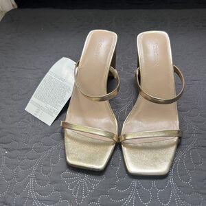 The Drop Avery Gold Square Toe High Heel Sandals Metallic Strap Various SZ 9,8